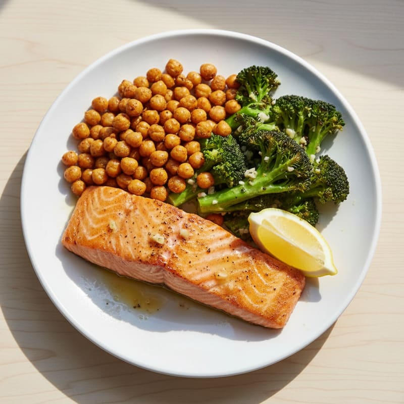 Seared Salmon with Roasted Chickpeas and Garlic Broccoli