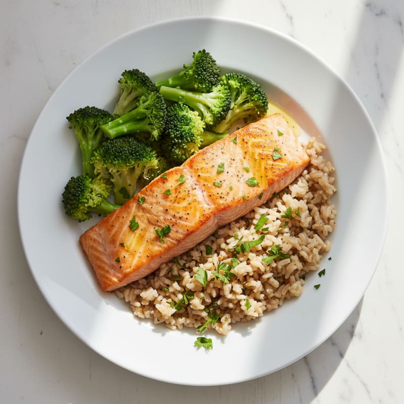 Seared Salmon with Herbed Brown Rice and Steamed Broccoli
