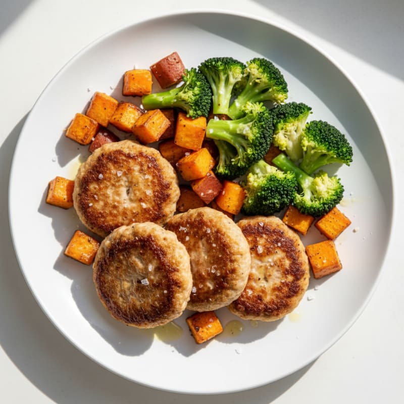 Seared Turkey Patties with Steamed Broccoli and Roasted Sweet Potato