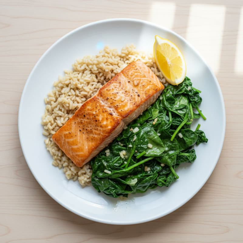 Seared Salmon with Garlic Spinach and Brown Rice