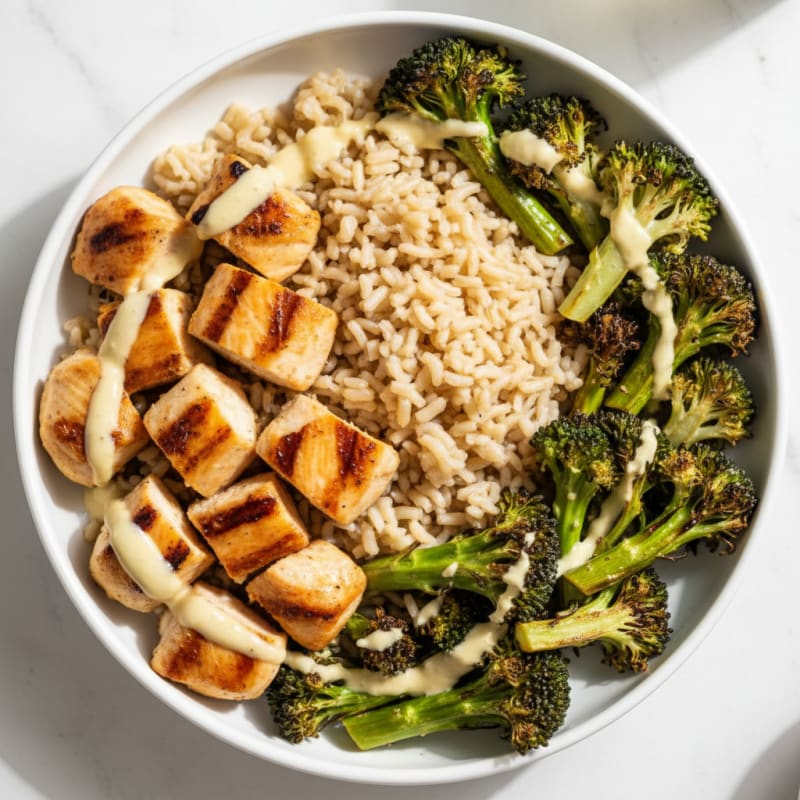 Grilled Chicken and Rice Bowl with Roasted Broccoli and Lemon Tahini Drizzle