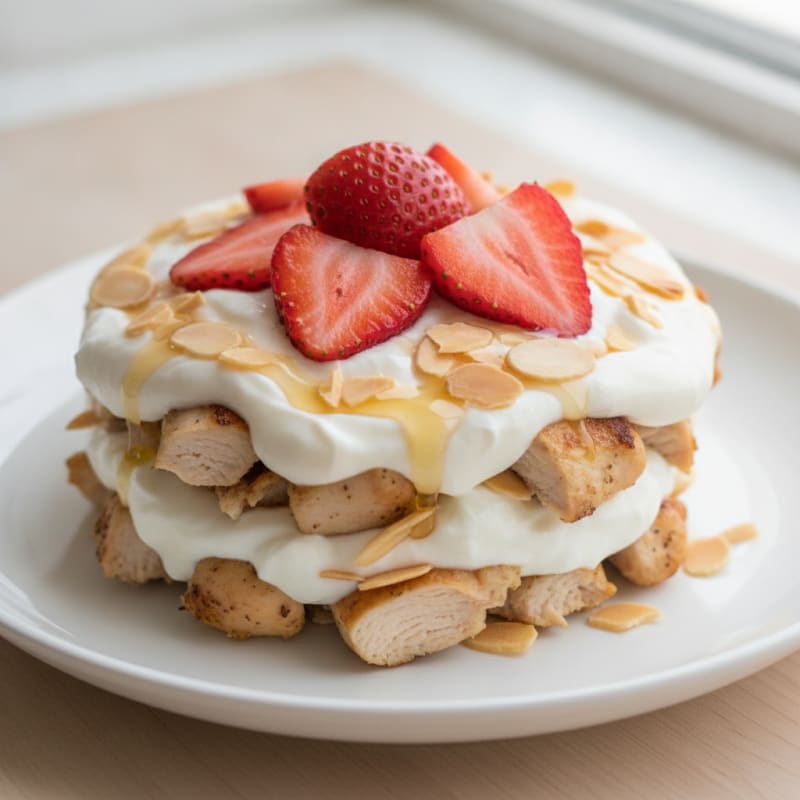Vanilla Protein Yogurt Parfait with Chopped Chicken and Almonds