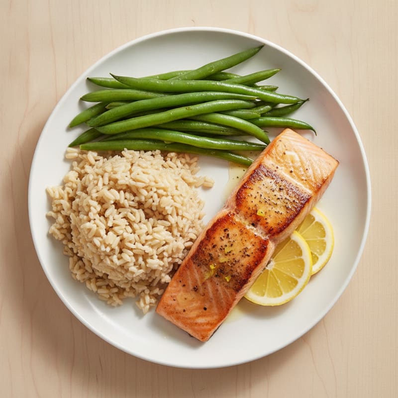 Seared Salmon with Steamed Green Beans and Brown Rice