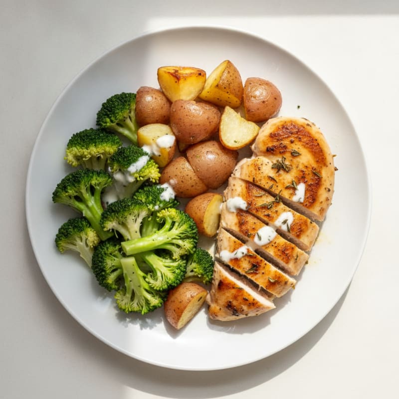Herb-Seared Chicken Breast with Roasted Potatoes and Steamed Broccoli