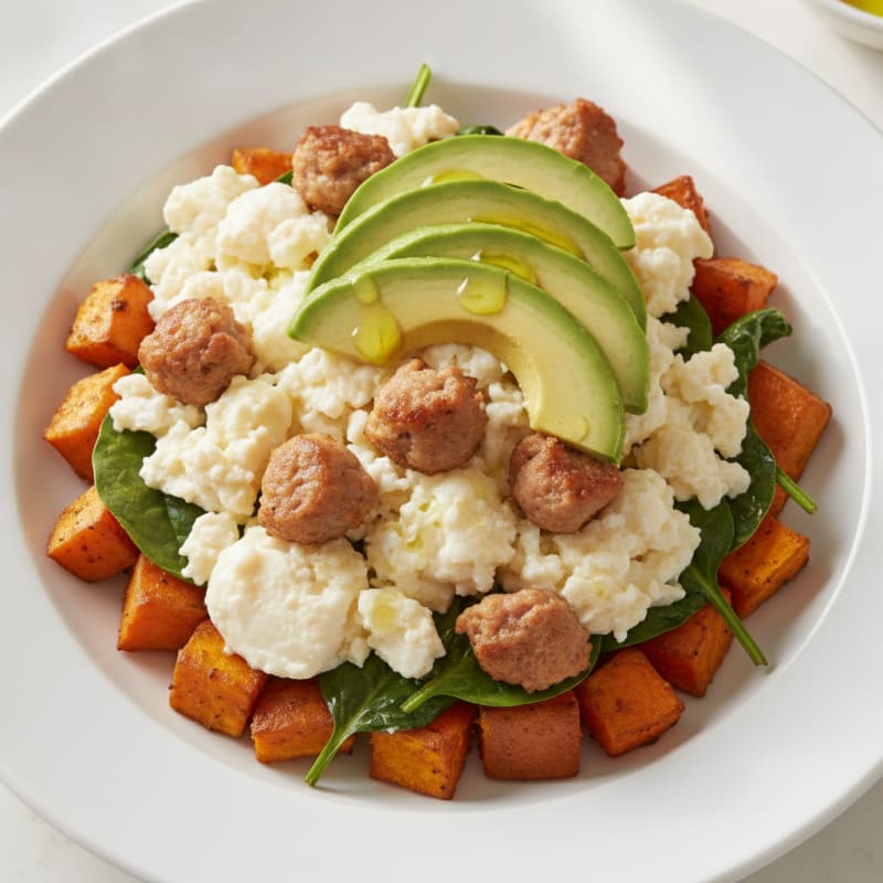Egg White and Turkey Sausage Scramble with Roasted Sweet Potatoes