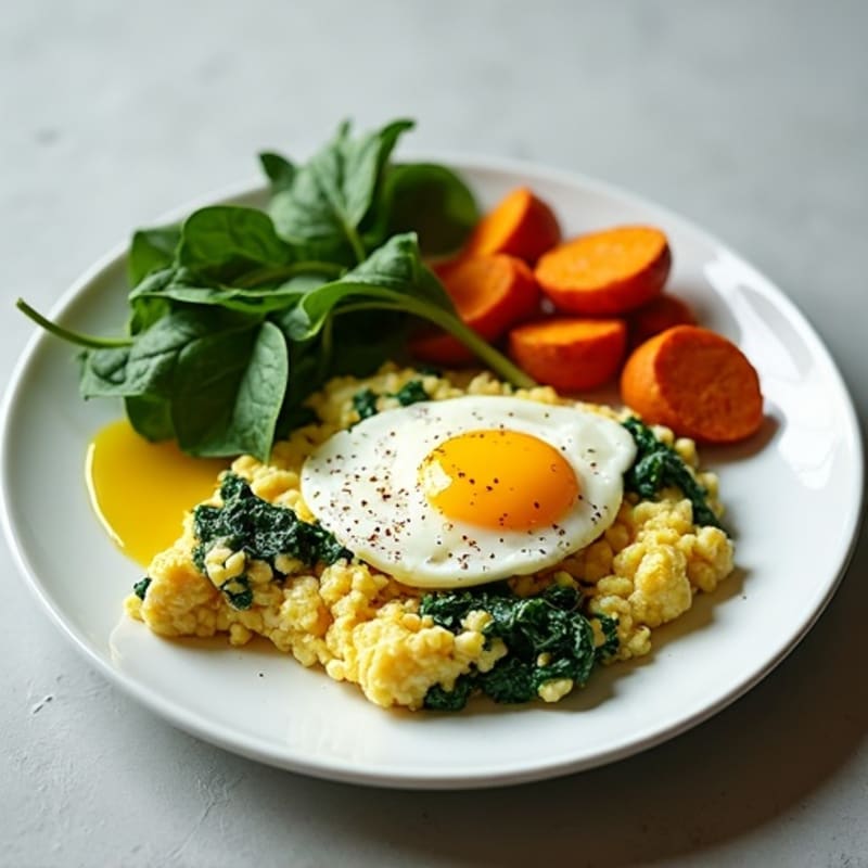Egg White and Spinach Scramble with Roasted Sweet Potatoes