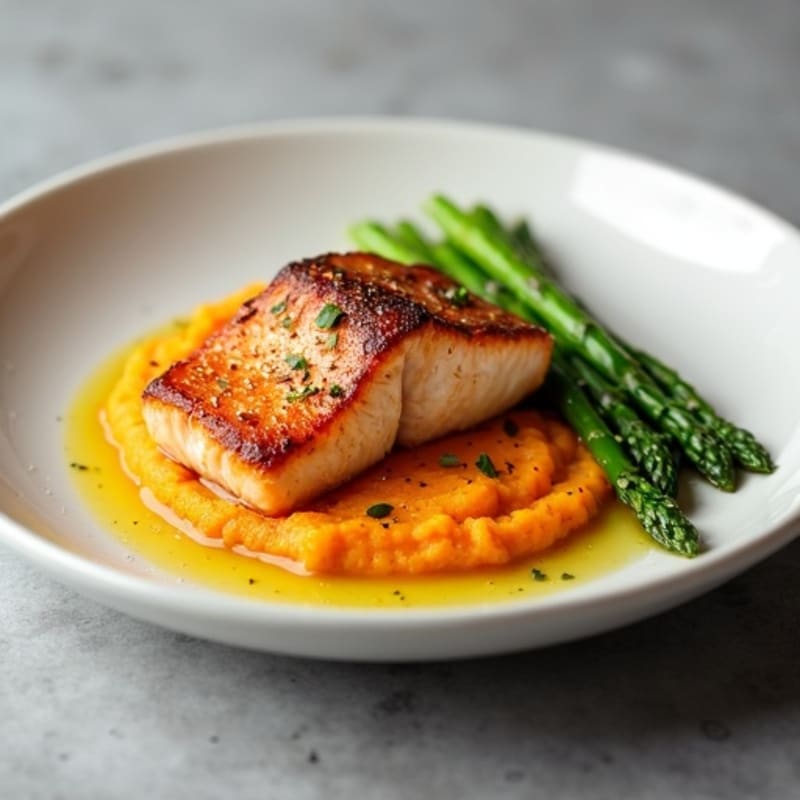 Seared Salmon Fillet with Roasted Asparagus and Sweet Potato Mash