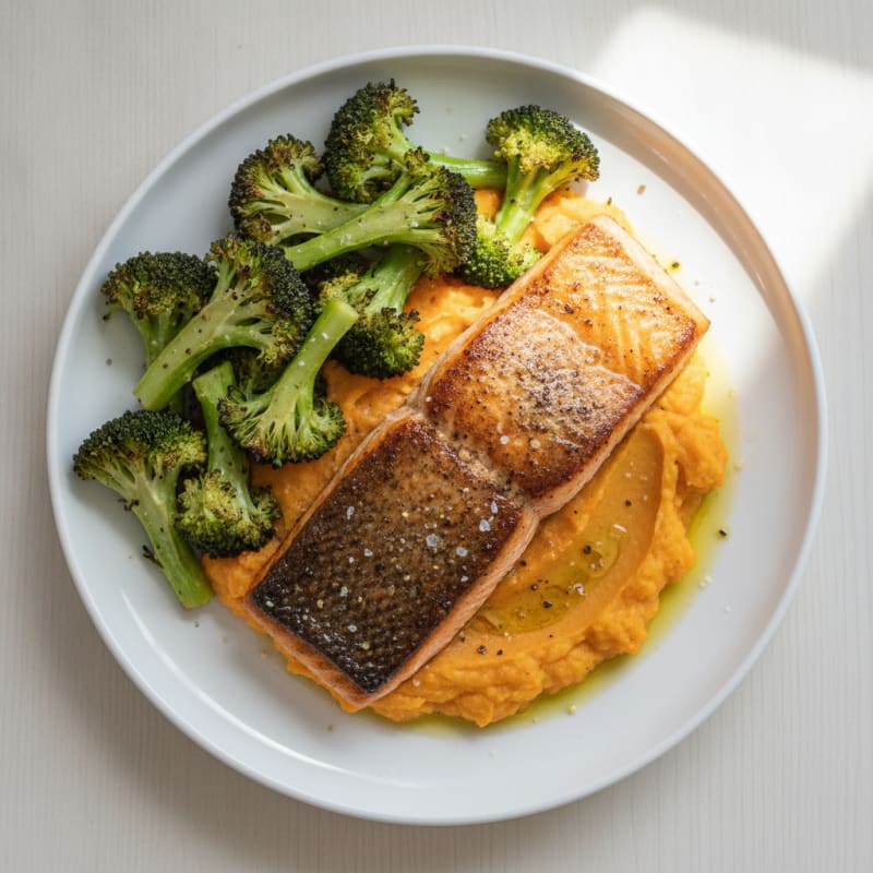Seared Salmon with Roasted Broccoli and Sweet Potato Mash