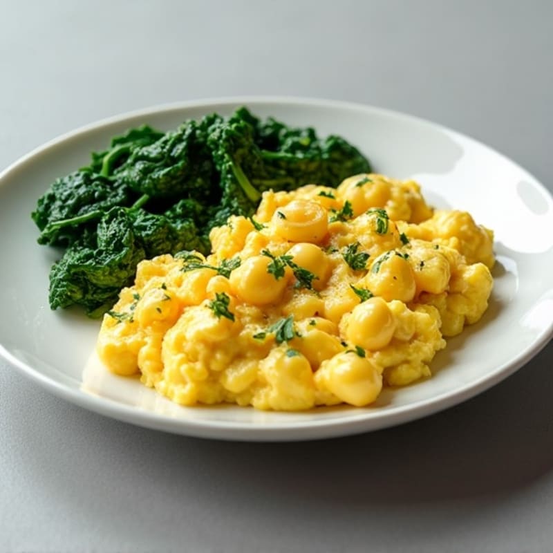 Scrambled Eggs with Cottage Cheese and Sautéed Spinach