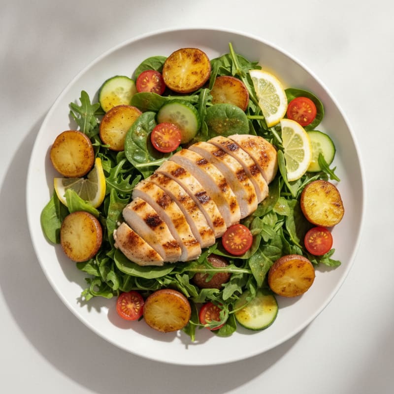 Grilled Chicken Salad with Roasted Potatoes and Lemon Dressing