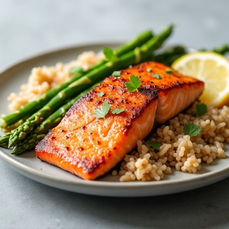 Seared Salmon with Steamed Asparagus and Brown Rice