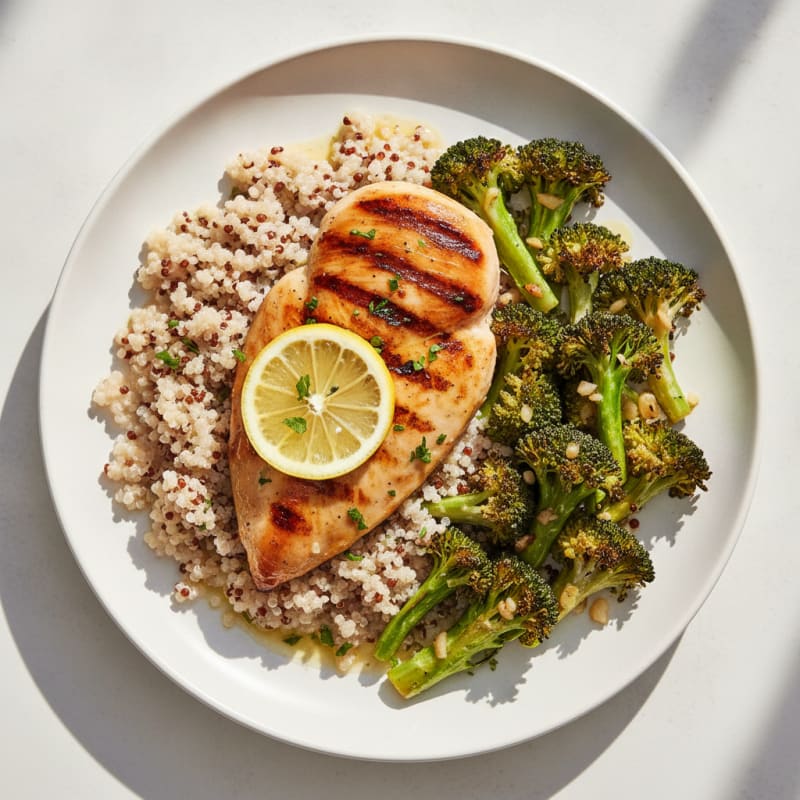 Grilled Chicken Breast with Quinoa and Roasted Broccoli
