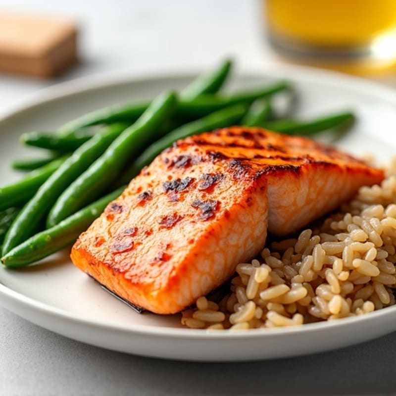 Seared Salmon with Steamed Green Beans and Brown Rice