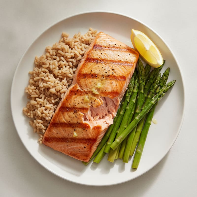 Seared Salmon with Steamed Asparagus and Brown Rice