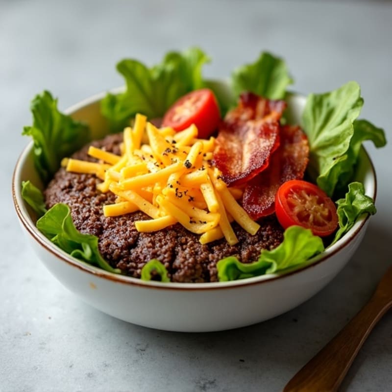Lean Ground Beef Cheeseburger Bowl with Crispy Bacon and Fresh Greens
