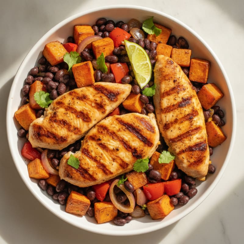 Grilled Chicken and Black Bean Bowl with Roasted Batatas