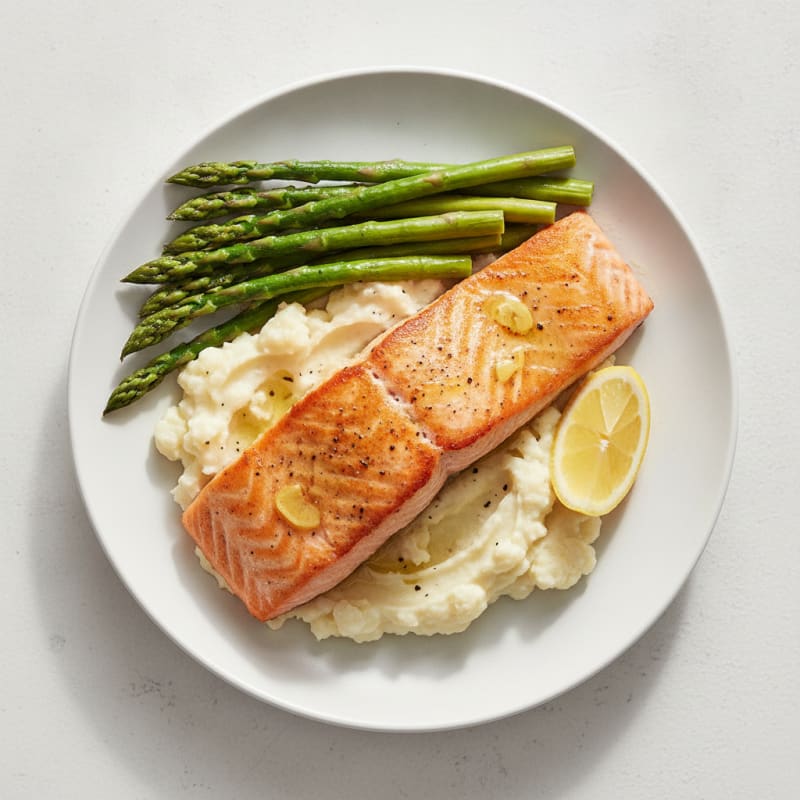 Seared Salmon with Steamed Asparagus and Garlic Mashed Cauliflower