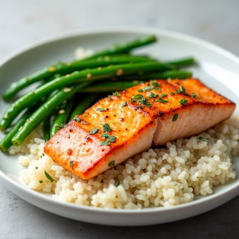 Pan Seared Salmon with Garlic Green Beans and Steamed Rice