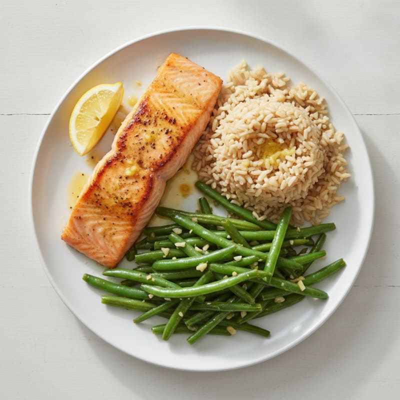 Seared Salmon with Garlic Green Beans and Brown Rice