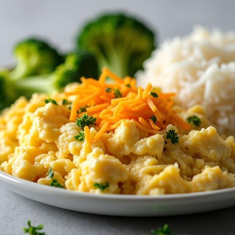 Cheesy Scrambled Eggs with Chicken and Broccoli