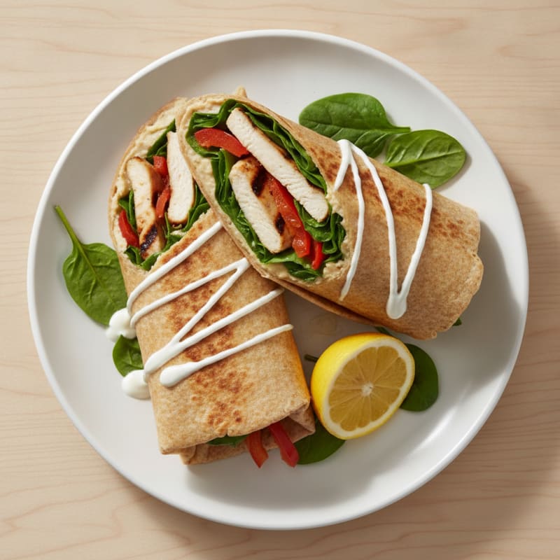 Grilled Chicken and Veggie Wrap with Fresh Spinach and Light Hummus
