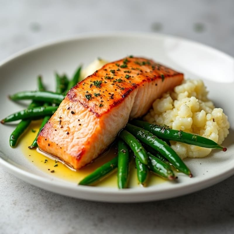 Seared Salmon with Garlic Green Beans and Cauliflower Mash