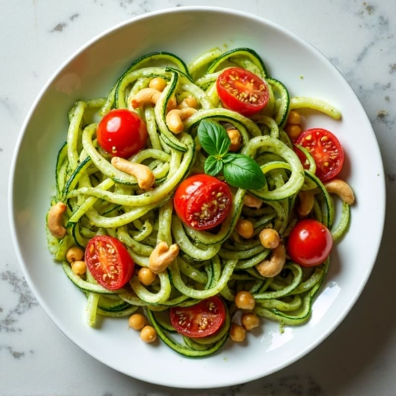 Creamy Vegan Pesto Zucchini Noodles with Roasted Cherry Tomatoes