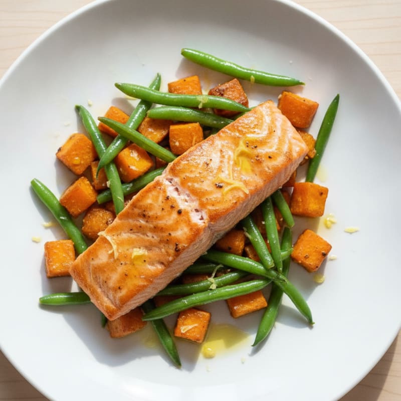 Seared Salmon with Roasted Sweet Potato and Green Beans