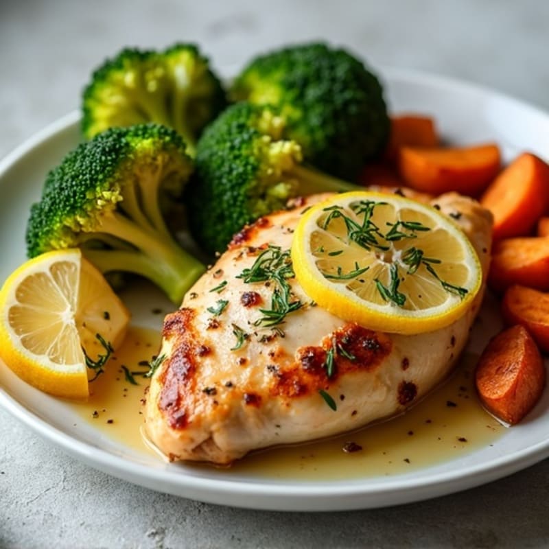 Lemon Herb Roasted Chicken with Crispy Broccoli and Sweet Potatoes