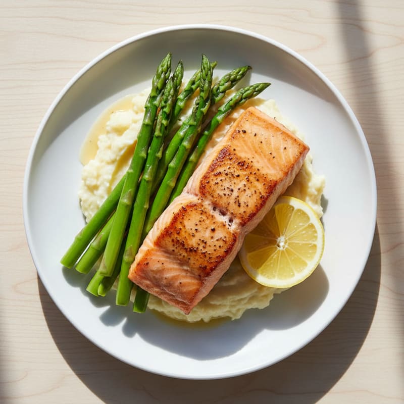 Seared Salmon Fillet with Steamed Asparagus and Cauliflower Mash