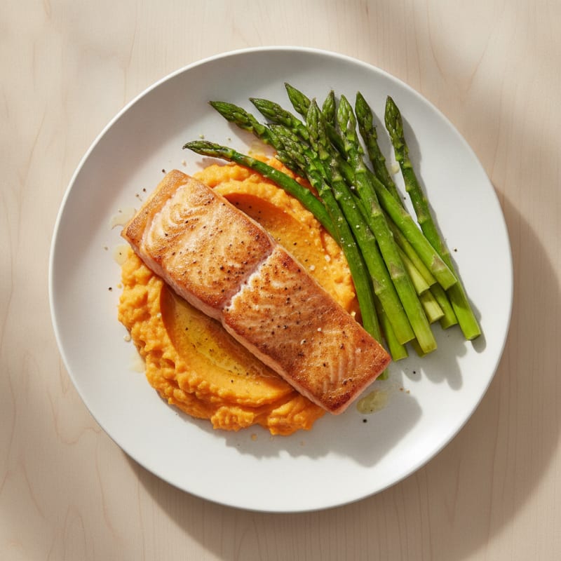 Seared Salmon with Roasted Asparagus and Sweet Potato Mash
