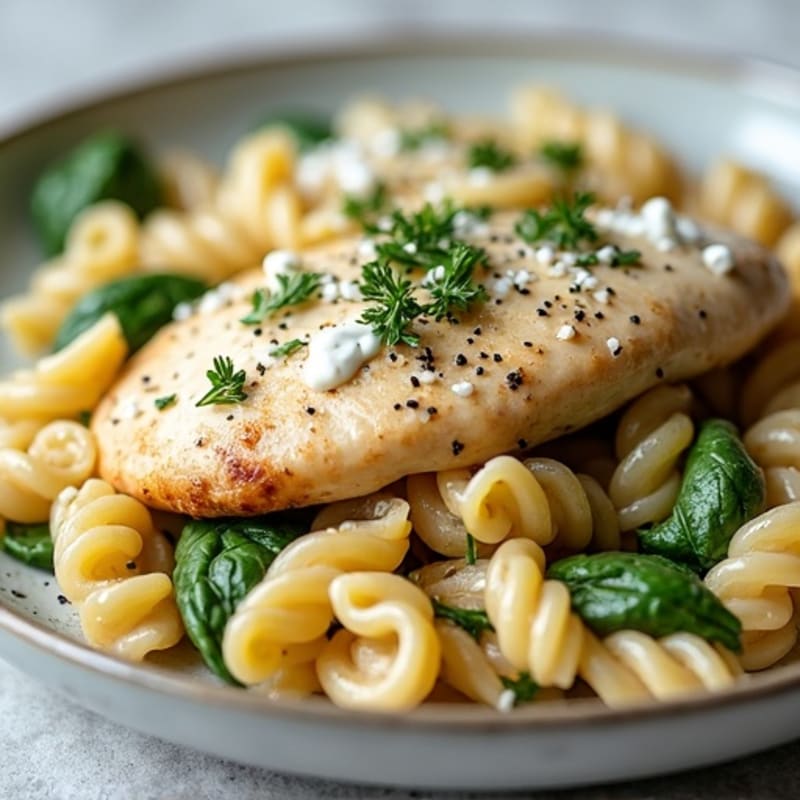 Lightened Creamy Garlic Chicken with Whole Wheat Pasta
