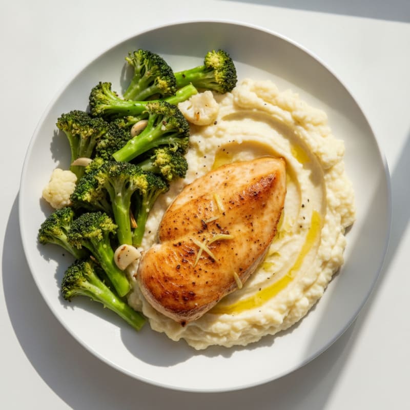 Roasted Chicken Breast with Garlic Sautéed Broccoli and Cauliflower Mash