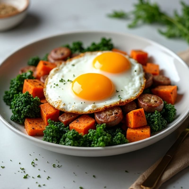 Sweet Potato Hash with Sautéed Kale and Sunny-Side Up Eggs