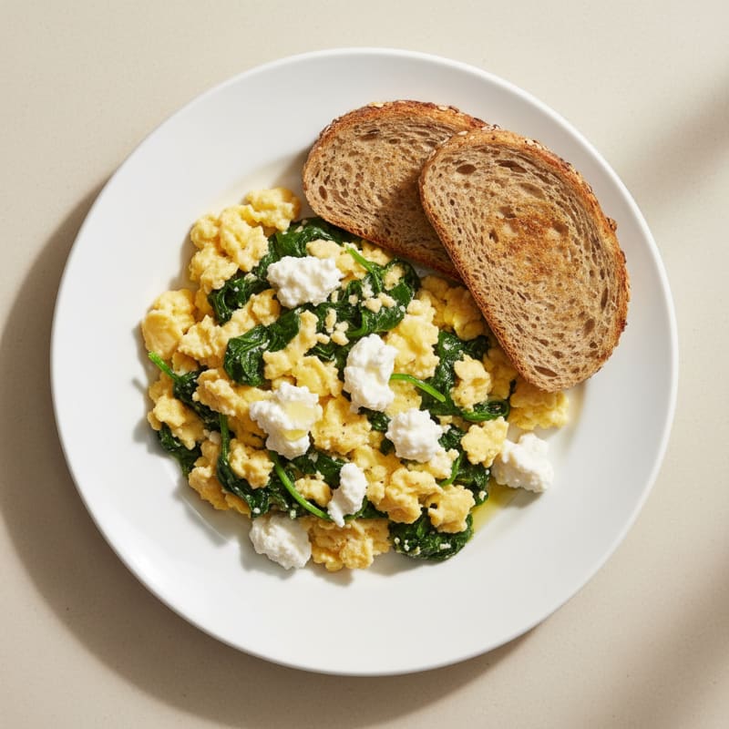 Cottage Cheese Egg Scramble with Sautéed Spinach