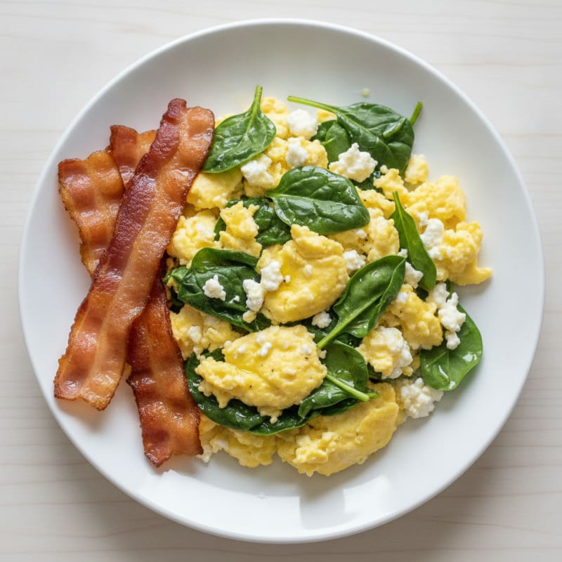 Cottage Cheese Egg Scramble with Spinach and Turkey Bacon