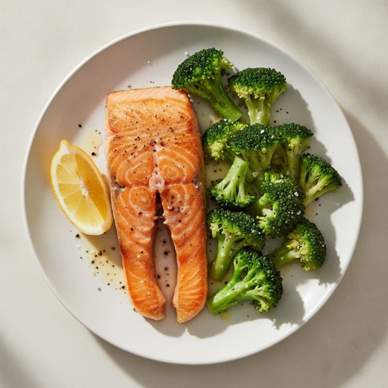 Seared Salmon with Steamed Broccoli and Lemon