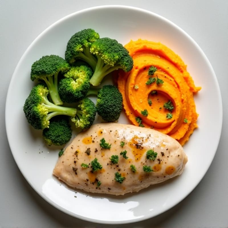 Herb-Roasted Chicken Breast with Steamed Broccoli and Sweet Potato Mash