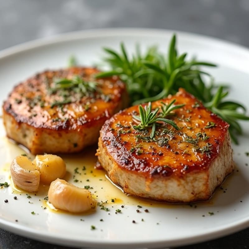 Herb-Crusted Pan Seared Pork Chops with Roasted Garlic