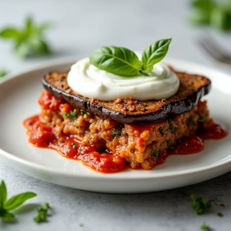 Lean Ground Beef and Roasted Eggplant Bake with Creamy Herb Topping