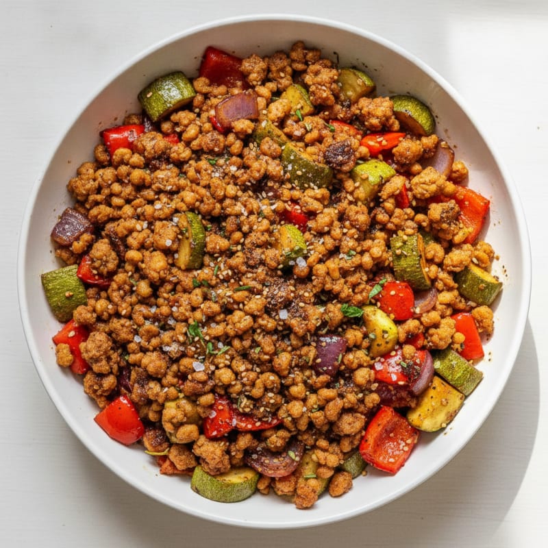Soy Granulate Skillet with Roasted Vegetables