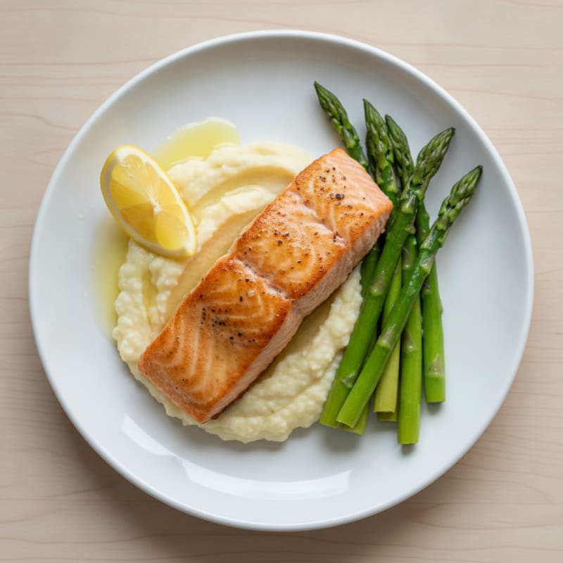 Seared Salmon Fillet with Steamed Asparagus and Cauliflower Mash