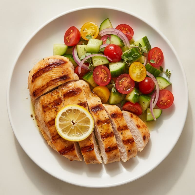Grilled Chicken Breast with Cucumber Tomato Salad
