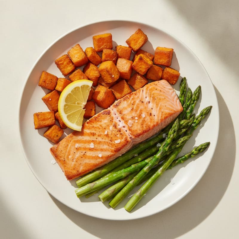 Seared Salmon with Roasted Sweet Potatoes and Asparagus
