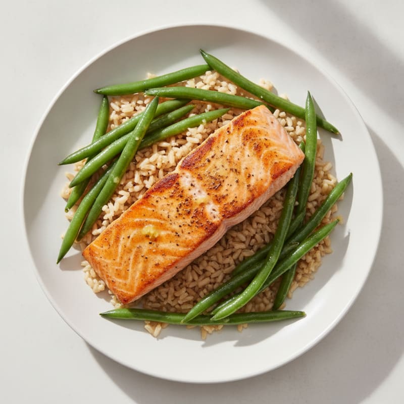 Seared Salmon with Garlic Green Beans and Steamed Brown Rice