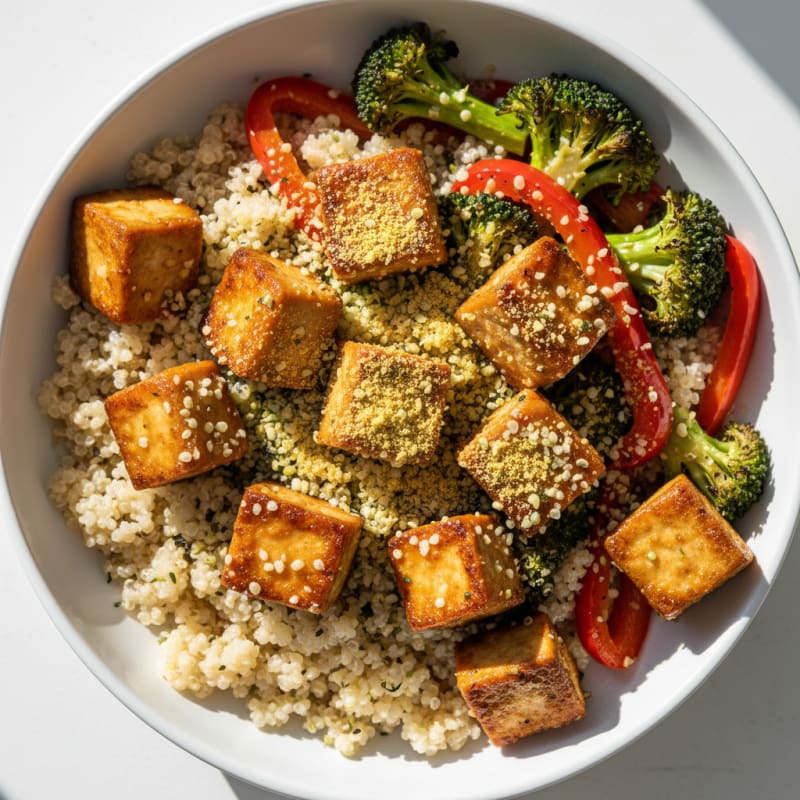 Crispy Tofu and Quinoa Power Bowl with Roasted Vegetables
