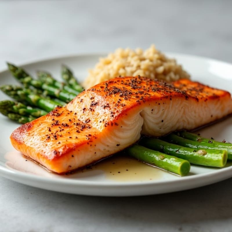 Seared Salmon with Steamed Asparagus and Brown Rice