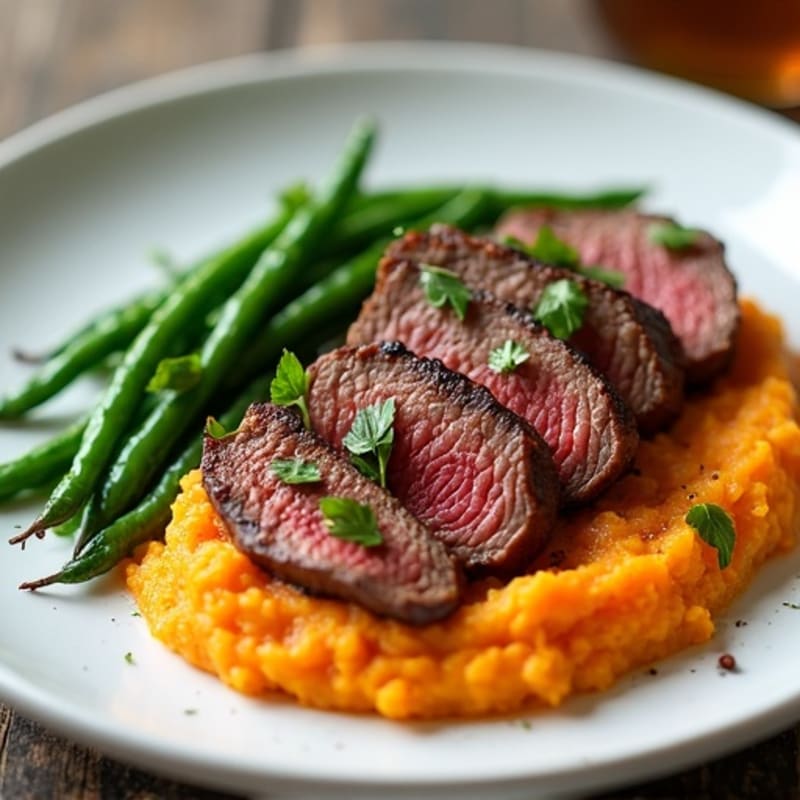 Seared Lean Beef with Steamed Green Beans and Sweet Potato Mash