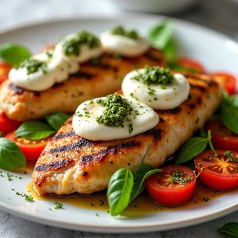 Grilled Chicken with Fresh Tomatoes, Creamy Mozzarella, and Basil Pesto