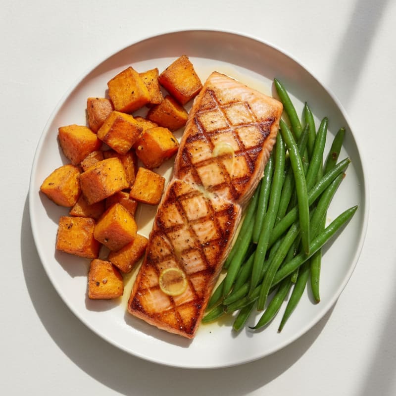 Seared Salmon with Roasted Sweet Potatoes and Green Beans
